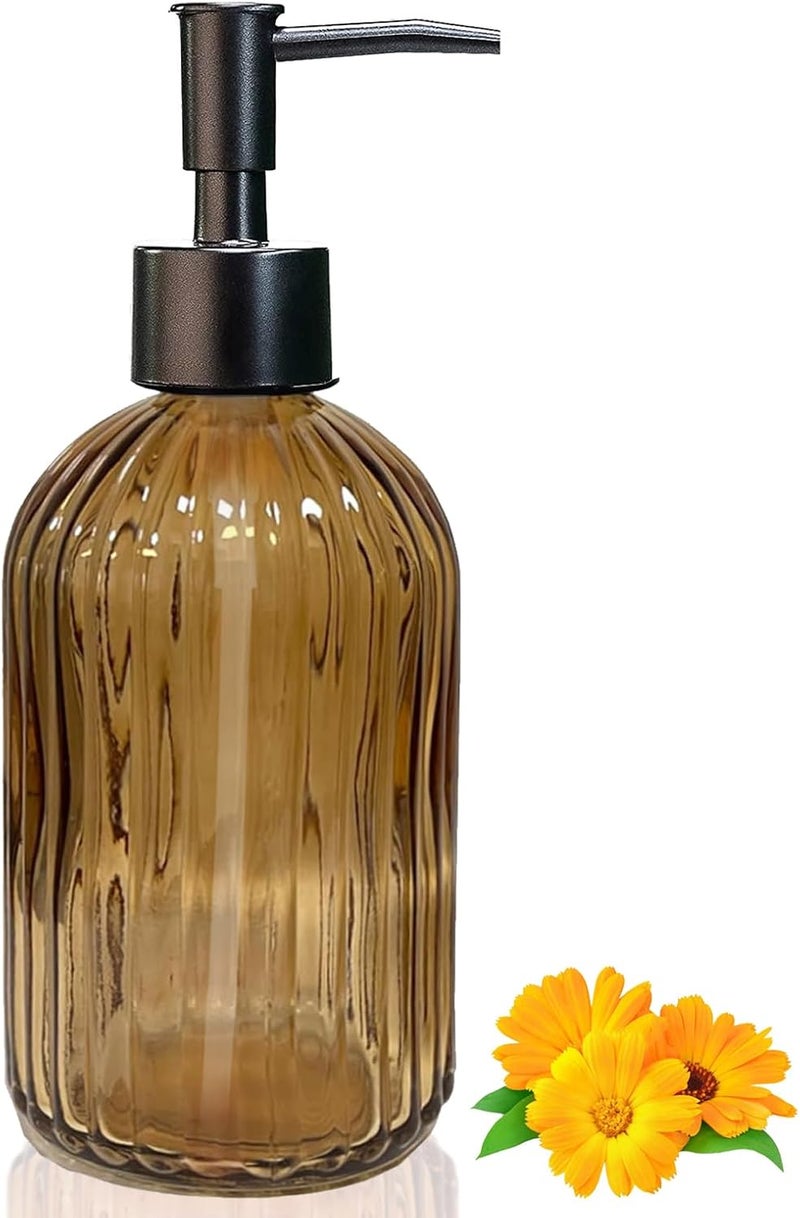 Guokanfly 14Oz Black Pump Glass Soap Dispenser, Brown Stripe Countertop Refillable Liquid Bottle Hand Dish Lotion Dispenser with Plastic Pump, for Kitchen, Bathroom - Image 1